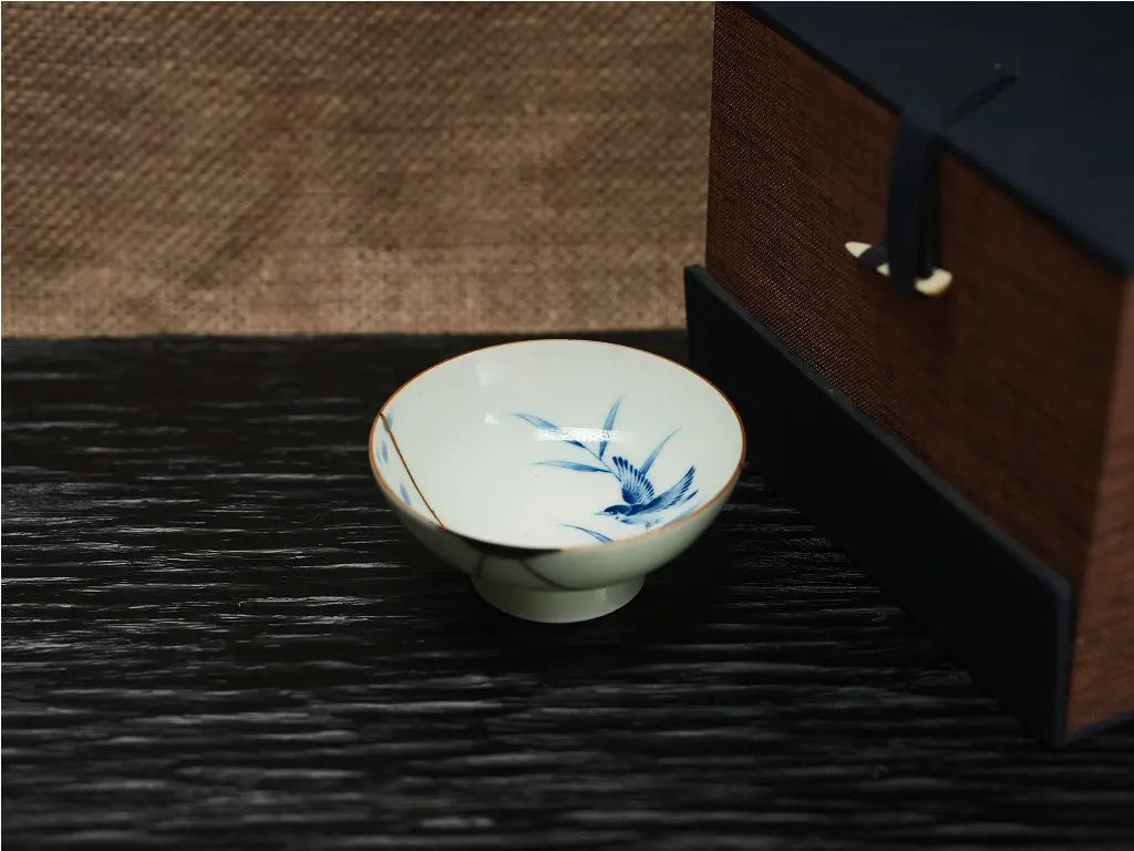 The Bamboo & Swallow Cup – Blue-and-White Kintsugi